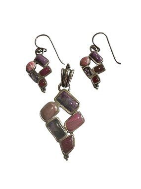 Sterling Silver Gemstone Pendant & Earrings Set 925 Pink Purple